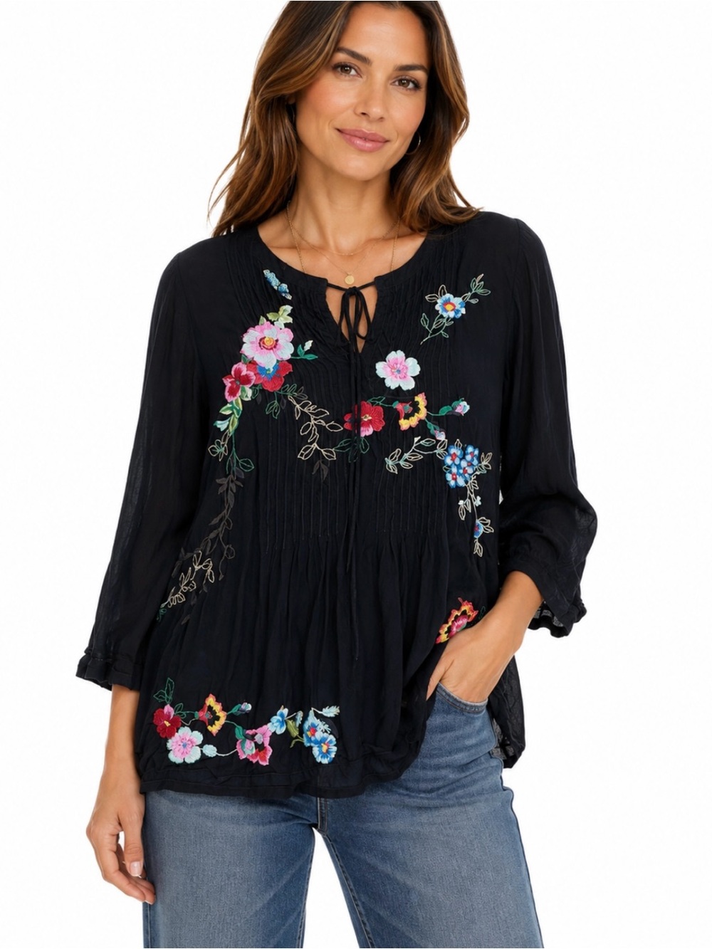 Johnny Was Black Floral Embroidered Boho Western Relaxed Fit Peasant Blouse